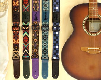 Personalized Leather Guitar Strap with Patterned Nylon, Adjustable Guitar Straps for Acoustic Bass Electric Guitars, Gifts for Musicians