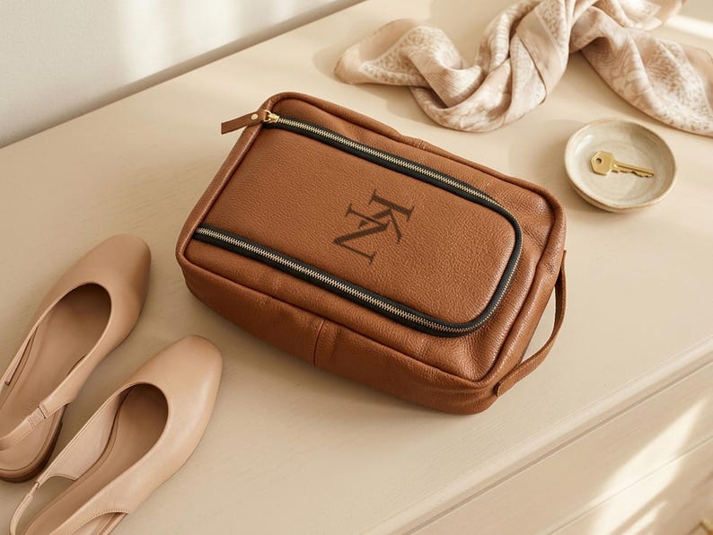May include: A rectangular brown leather toiletry bag with a pebbled texture, featuring a black zippered front pocket and a black zipper closure. The front of the bag is embossed with the letters KN in a serif font. A side handle is attached.