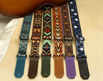 Engraved Leather Guitar Strap Combined with Vibrant Pattern Nylon, Personalized Guitar Straps for Guitarist, Guitar Player Essentials