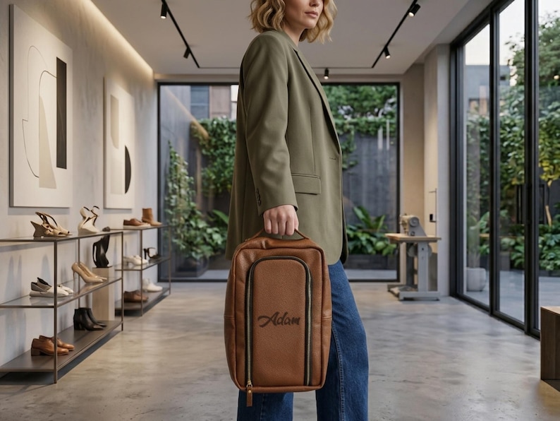 May include: A rectangular brown leather-like travel bag with a top handle and a vertical zippered front pocket. The bag features the name Adam embroidered in black script on the front panel. The design includes black trim along the zippers.