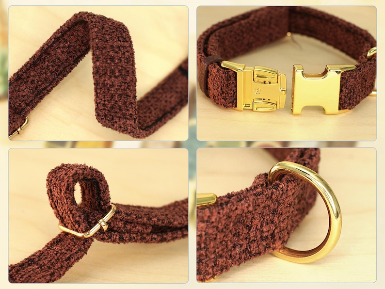 May include: A brown dog collar with a textured fabric. The collar features a gold-colored metal buckle and a matching D-ring for leash attachment. The collar is designed for comfort and style.