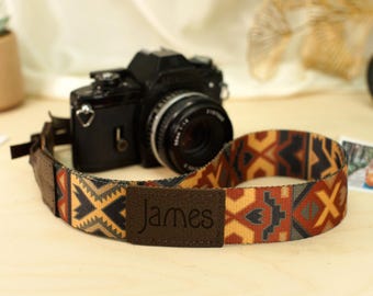 Tribal Camera Strap, Personalized Engraved Leather Accents