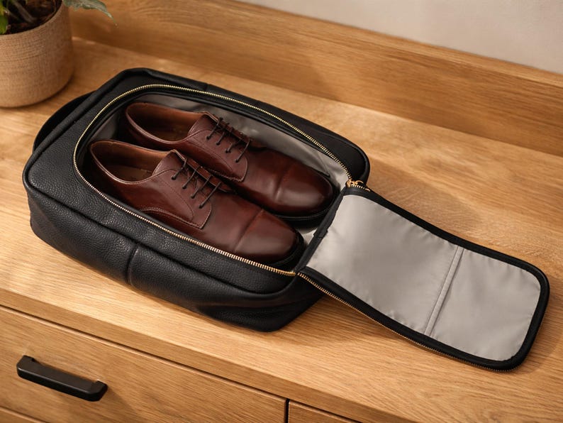 May include: A black textured leather shoe bag with a gold-toned zipper, partially open to reveal a pair of dark brown leather oxford shoes with laces inside. The interior of the bag is lined with a light gray fabric, and the exterior features a handle.