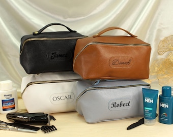 Personalized Leather Men's Toiletry Bag, Custom Travel Dopp Kit