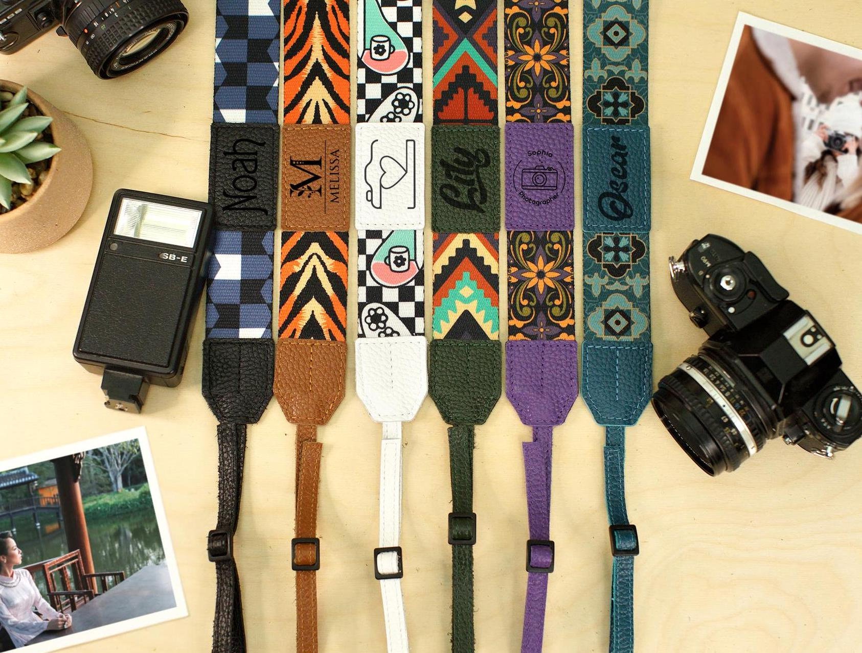 Dragonne personnalisée pour appareil photo avec étiquette en cuir gravée, dragonne réglable à motif personnalisé, cadeau unique pour les photographes