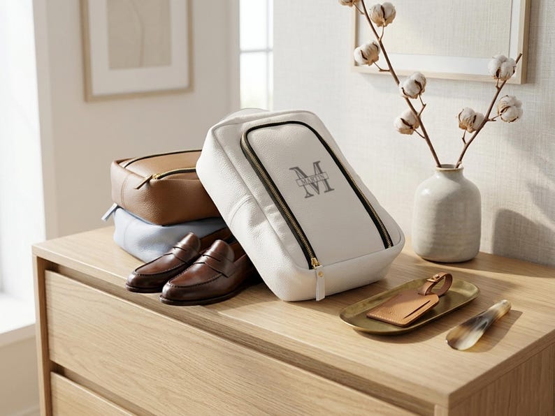 May include: A white leather toiletry bag with a black zipper and the monogrammed name Martin, accompanied by a tan leather bag, a light blue bag, a pair of brown leather loafers, a tan leather luggage tag on a gold tray, and a shoe horn.