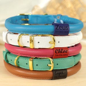 Rolled Leather Dog Collar, Personalized Dog Collar with Engraved Leather ID Name Bead, Custom Dog Collars for Girl & Boy Dogs, Puppy Collar