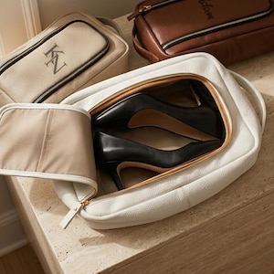 May include: A white leather travel bag with a zipper closure containing a pair of black high-heeled pumps. Beside it, a beige travel bag with the monogram KN and a brown travel bag are visible, along with several gold rings on the surface.