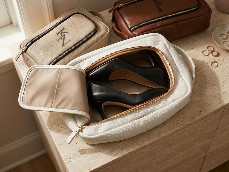 May include: A white leather travel bag with a zipper closure containing a pair of black high-heeled pumps. Beside it, a beige travel bag with the monogram KN and a brown travel bag are visible, along with several gold rings on the surface.