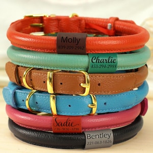 Leather Dog Collar Personalized, Rolled Leather Dog Collars for Small Medium Large Dogs, Custom Round Dog Collar, Engraved Dog ID Tag