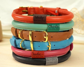 Collar de cuero para perros personalizado, collares de cuero enrollados para perros pequeños, medianos y grandes, collar redondo personalizado para perros, etiqueta de identificación para perros grabada