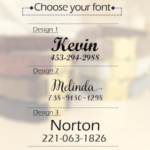 May include: Image featuring text options for personalized products. The text includes names and phone numbers in various fonts, such as "Kevin" and "Melinda." The phrase "Choose your font" is at the top, with design options below.