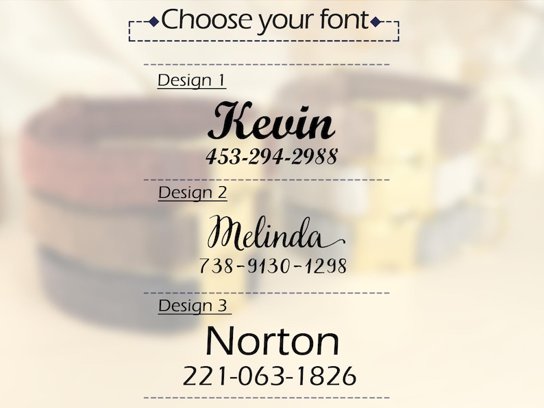 May include: Image featuring text options for personalized products. The text includes names and phone numbers in various fonts, such as "Kevin" and "Melinda." The phrase "Choose your font" is at the top, with design options below.