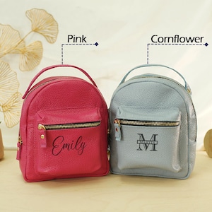 May include: Two small backpacks with top handles and front zippered pockets. The left backpack is pink with the name Emily printed in black. The right backpack is cornflower blue with the name Martin and a letter M monogram printed in black.