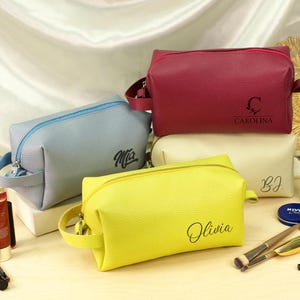 Engraved Leather Cosmetic Bag for Her, Personalized Women Dopp Kit, Compact Leather Travel Bag, Birthday Gift for Mom, Custom Gift for Women