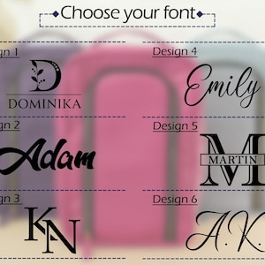 May include: A font selection chart featuring six distinct black text styles labeled Design 1 through Design 6. The options include various monogram and name layouts such as Dominika, Adam, KN, Emily, Martin, and A.K. displayed on a light background.