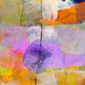 May include: Abstract painting with a purple, orange, yellow, and white color scheme. The painting has a textured surface and a variety of brushstrokes.