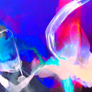 Könnte beinhalten: Abstraktes Gemälde mit leuchtenden Farben, darunter Blau, Pink, Weiß und Türkis. Das Gemälde zeigt kräftige Pinselstriche und eine dynamische Komposition.