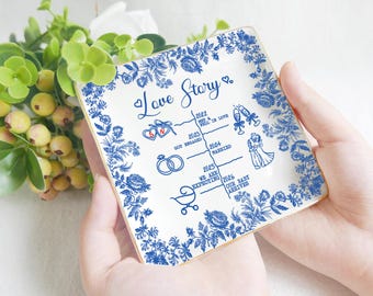 Personalized Love Story Ring Dish, Custom Ceramic Trinket Dish, Engagement & Anniversary Gift for Couple, Handmade Jewelry Tray