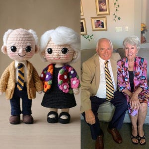 May include: A crocheted doll couple, resembling an elderly pair, stands next to a real-life elderly couple. The dolls feature white hair, smiling faces, and are dressed in coordinated outfits. The male doll wears a tan jacket and the female doll wears a black dress and floral jacket.