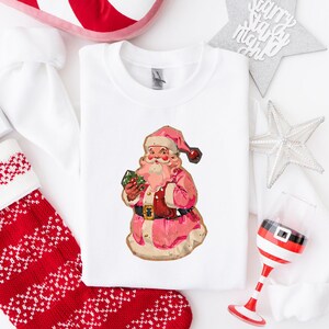 Rosa Papai Noel Retro, Camisetas de Natal Moletons para Mulheres Rosa, Natal Combinando Família Suéteres Rosa Vintage Feriado Crewneck Festa