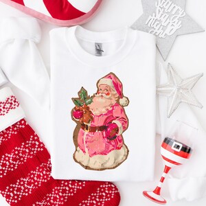 Rosa Papai Noel Retro, Camisetas de Natal Moletons para Mulheres Rosa, Natal Combinando Família Suéteres Rosa Vintage Feriado Crewneck Festa