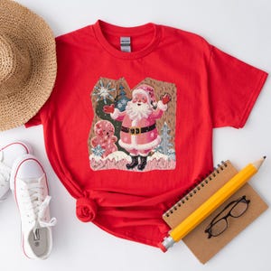 Rosa Papai Noel Retro, Camisetas de Natal Moletons para Mulheres Rosa, Natal Combinando Família Suéteres Rosa Vintage Feriado Crewneck Festa