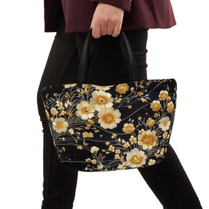 Trendy Lunch Bag, Stylish Black and Gold Flowers, Lunch Tote, Insulated Food Carrier, Cute Picnic Bag, Reusable Lunchbox, Gift for Her