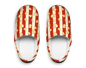 Plush Cinema Slippers, Popcorn Pattern, Home Theatre Shoes, Red Stripe Snack Print, Hostess Gift