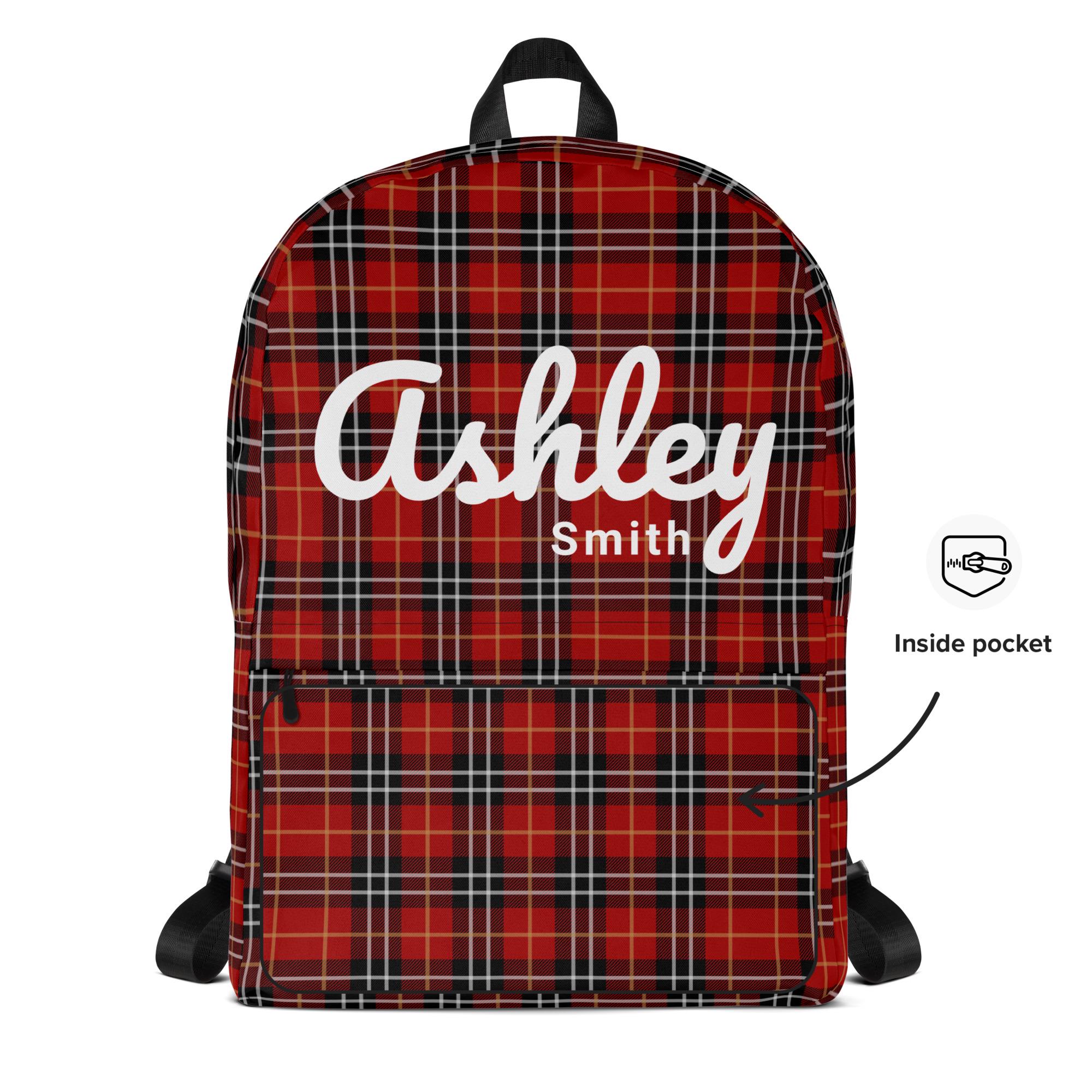 Personalized Plaid Backpack – Black Red Checkered Print, Water