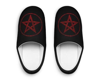 Gothic Pentagram Slippers, Cozy Witchy House Shoes, Flannel Fleece Footwear