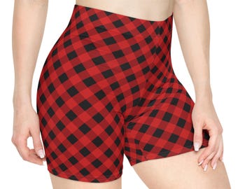 Buffalo Plaid Biker Shorts, Faux Suede, Red and Black Lumberjack Print, Alt Girl Streetwear