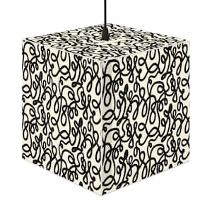 May include: A square pendant light fixture with a cream-colored background and a repeating pattern of black, swirling lines. The light hangs from a black cord.