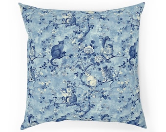 Blue Cats Toile Throw Pillow, Chinoiserie Cat Lover Accent Pillow, Decor, Rustic Home Décor Gift