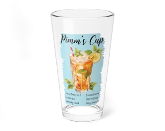 Pimm's Cup Recipe Mixing Glass, 16oz Cocktail Tumbler, Summer Garden Drink Illustration