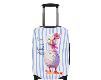 Funny Carry On Luggage Cover, Coastal Blue Stripes, In a Bind Nate Illustration, Custom Travel Accessory Gift