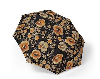 花柄着物折りたたみ傘、金色の刺繍花柄プリント