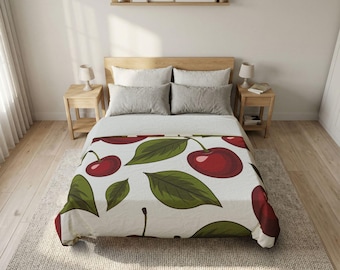 Funda nórdica de algodón con diseño de cerezas rojas y hojas verdes, decoración bohemia para dormitorio, regalo de inauguración de casa.