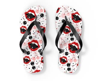 Black Cherry Coquette Flip Flops, Witchcore Summer Sandals, Goth Girl Design, Witchie Gift for Her