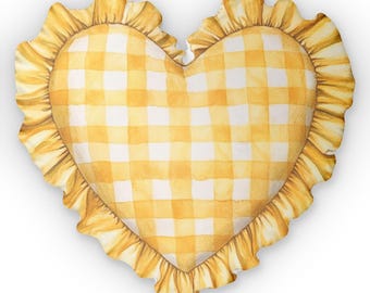 Cojín personalizado con forma de corazón, volantes de tela a cuadros amarilla sintética, cojín decorativo acogedor, regalo de San Valentín, decoración rústica para el hogar, accesorio confortable.