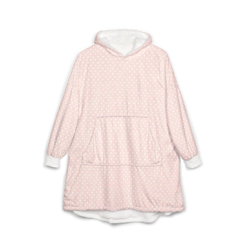 Cozy Polka Dot Hooded Blanket, Soft Pink Blanket Hoodie, Oversized Lounge Wear, Relaxation Gift image 1