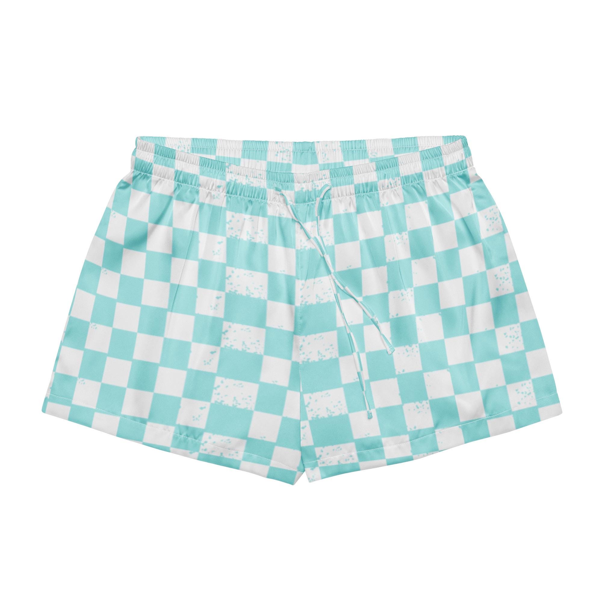 Light Blue Checkered Satin Pajama Shorts, Coquette Sleep Shorts