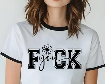 Snarky Retro Unisex Ringer Tee – F*ck You Script, Floral Graphic, Vintage Contrast Trim T-Shirt