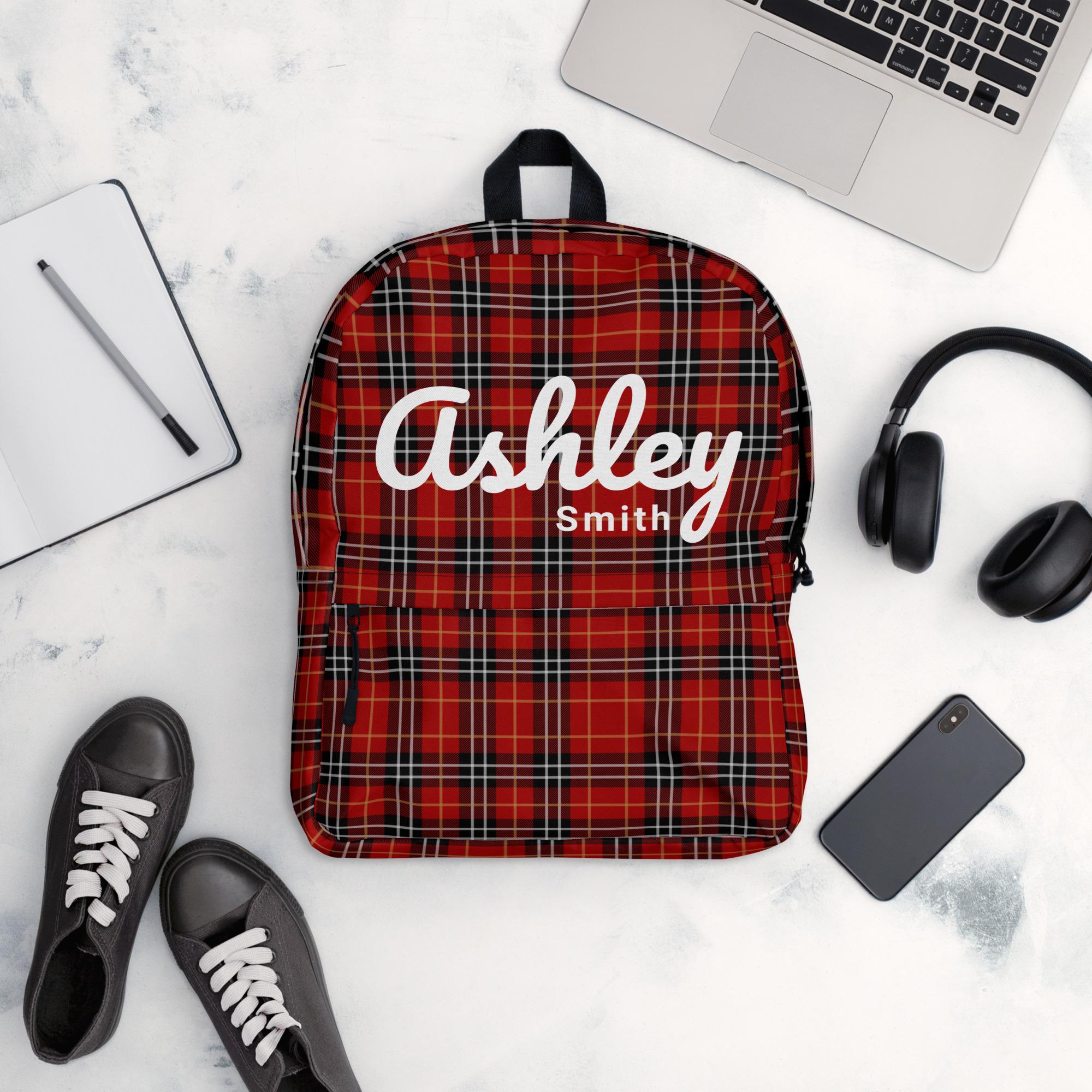 Personalized Plaid Backpack – Black Red Checkered Print, Water