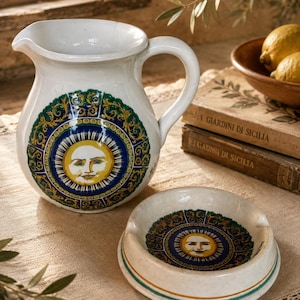 Vintage Facciolini Castelli pottery / hand-painted / sun face / ceramic pitcher / ashtray / signed / Italian ceramic / Castelli Abruzzo