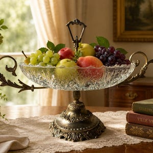Vintage Crystal Fruit Bowl with Ornate Silver Handles, Luxury Table Centrepiece, French Country Glass Compote, Elegant Home Decor Gift