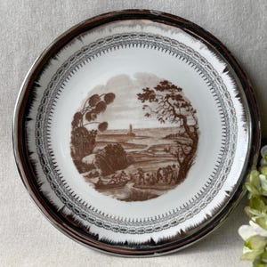 Antique Brown Transferware Plate, Sepia Landscape, 21 cm European Wall Plate, c. 1900