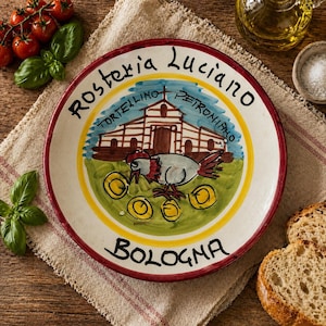 Vintage Italiaanse keramische plaat – Rosteria Luciano Bologna – Buon Ricordo 1985 – Tortellini – Solimene Vietri – Handgeschilderde Italiaanse muurdecoratie