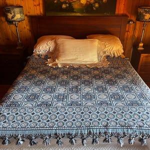 Può includere: Un copriletto caratterizzato da un motivo geometrico ripetuto in blu e bianco con una griglia di motivi quadrati. I bordi del tessuto sono rifiniti con una fila di nappe a frange annodate. Il copriletto è drappeggiato su un letto con cuscini.