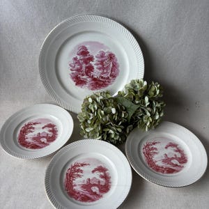 Può includere: Un set di piatti in ceramica bianca con un design a paesaggio rosso e bianco. I piatti hanno un bordo dorato e un bordo strutturato. Il set comprende un piatto grande e tre più piccoli, perfetto per una tavola in stile vintage.